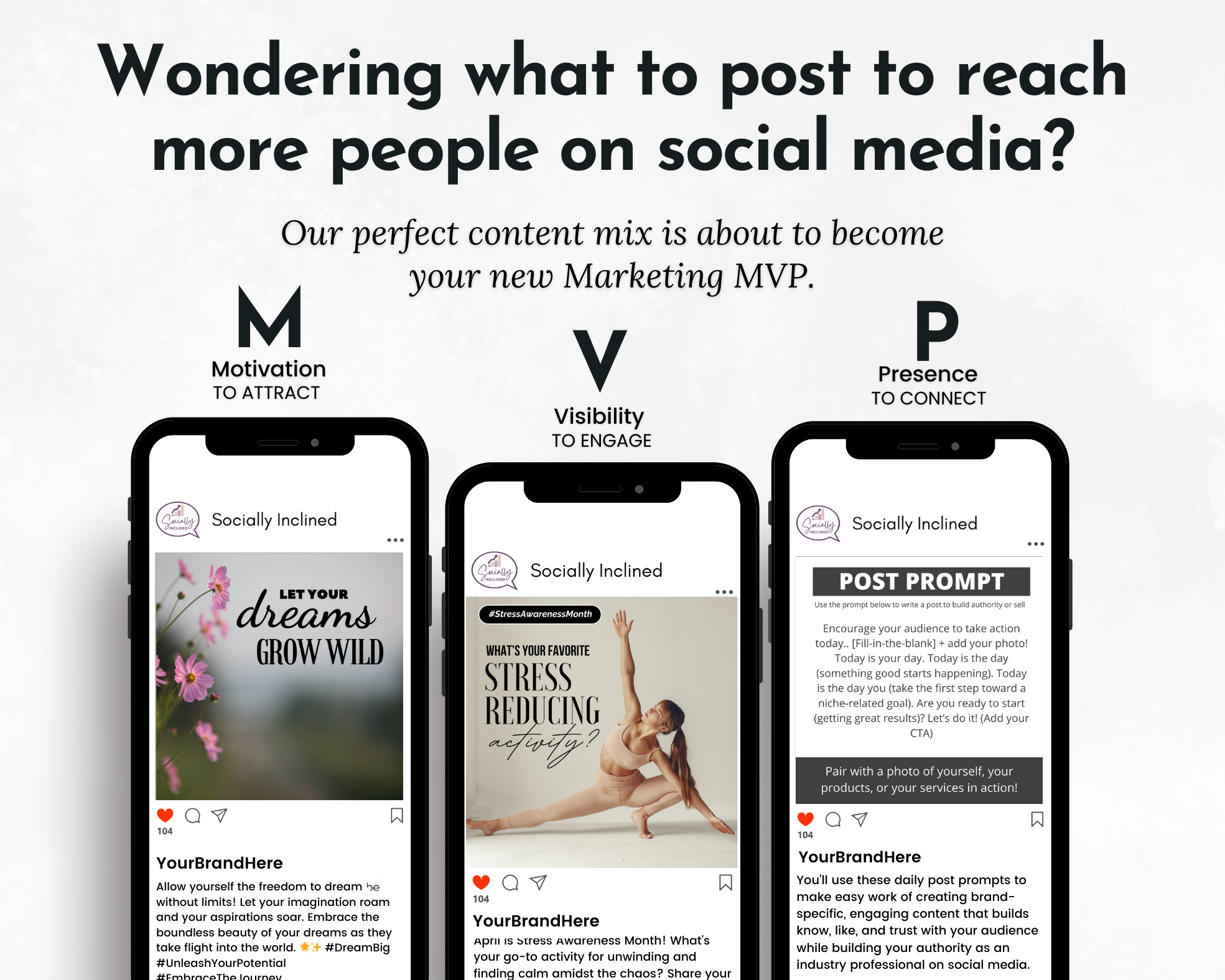 Marketing strategy graphic with April Daily Posting Plan - Your Social Plan mobile phones displaying social media growth content and acronyms MVP for attraction, visibility, and social media presence from Get Socially Inclined.