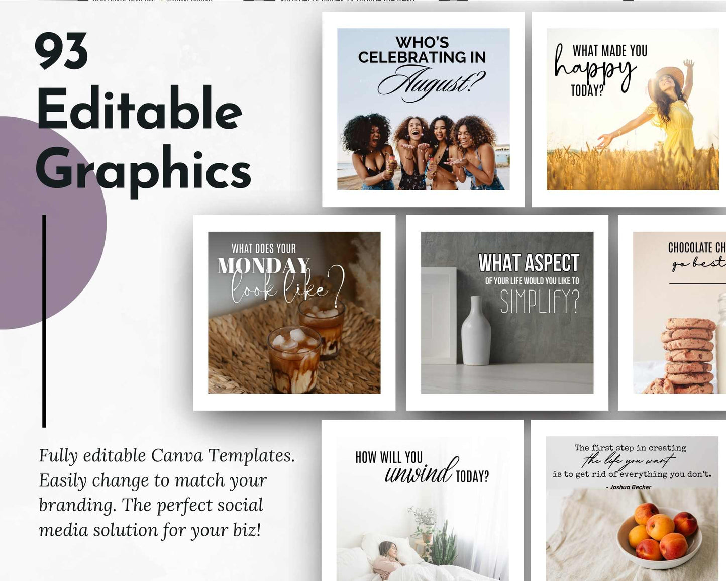 A collection of 93 editable Canva templates featuring various inspirational and lifestyle graphics, perfect for enhancing your social media presence. Includes prompts like "Who's celebrating in August?" and "What made you happy today?". Ideal for crafting engaging daily social media posts. Presenting the AUGUST Daily Posting Plan - Your Social Plan from Get Socially Inclined.
