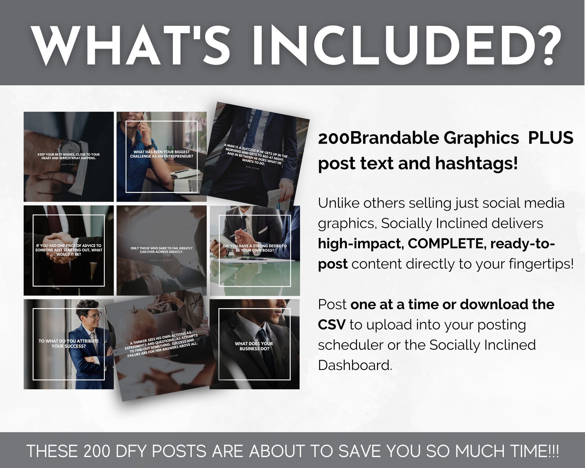 What's included in this Business Success Social Media Post Bundle with Canva Templates from Socially Inclined?