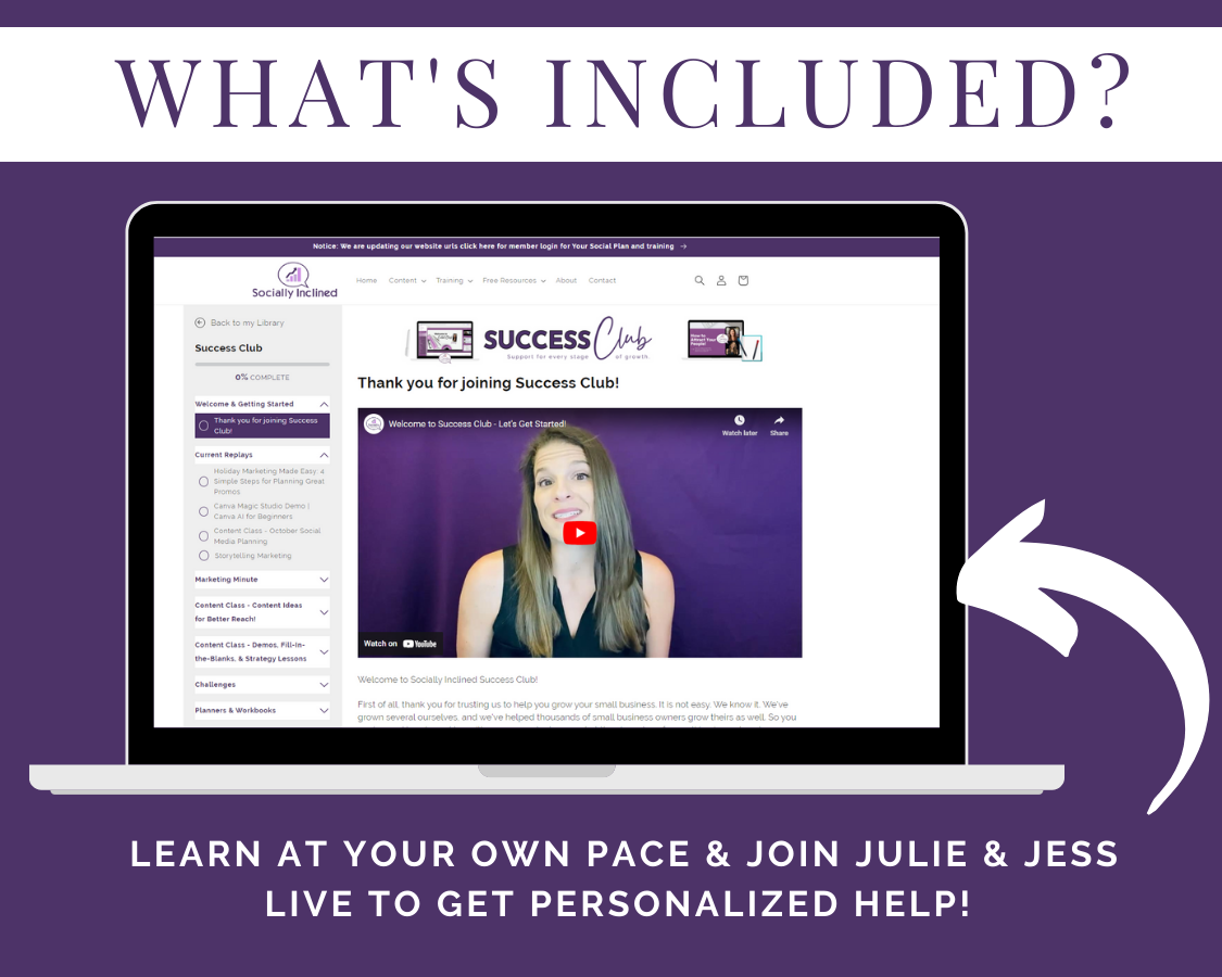 A purple laptop with the text "what's included?" ideal for Get Socially Inclined's Success Club Membership.