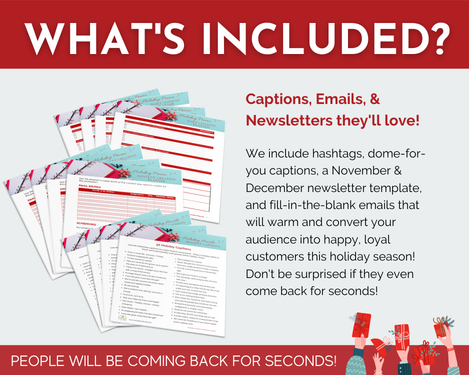 What's included in the HUGE Holiday Hustle Marketing Toolkit email game from Get Socially Inclined?