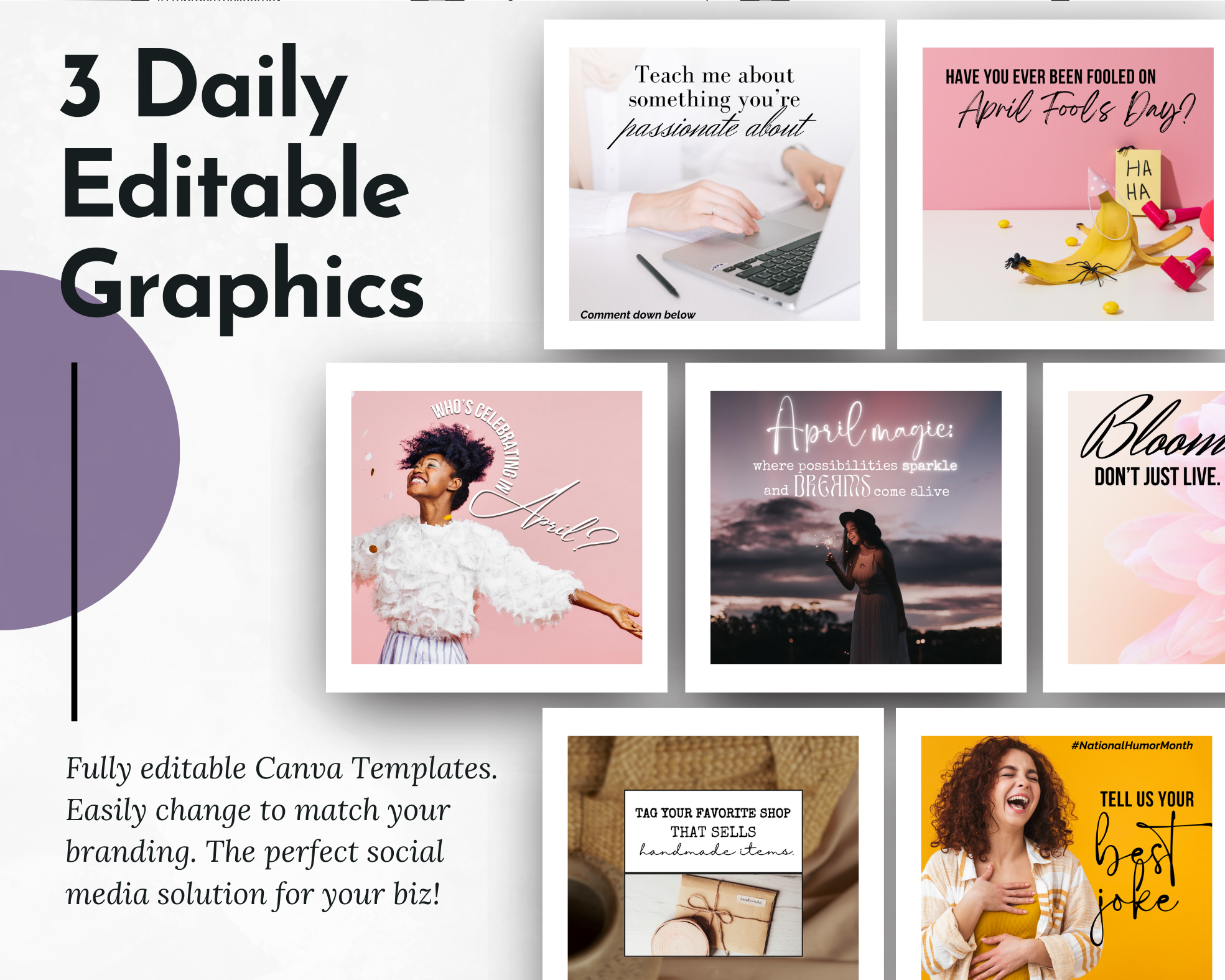 A collage showcasing a variety of April Daily Posting Plan - Your Social Plan editable social media graphic templates with text and images for content creation, daily posting plans, and enhancing social media presence from Get Socially Inclined.