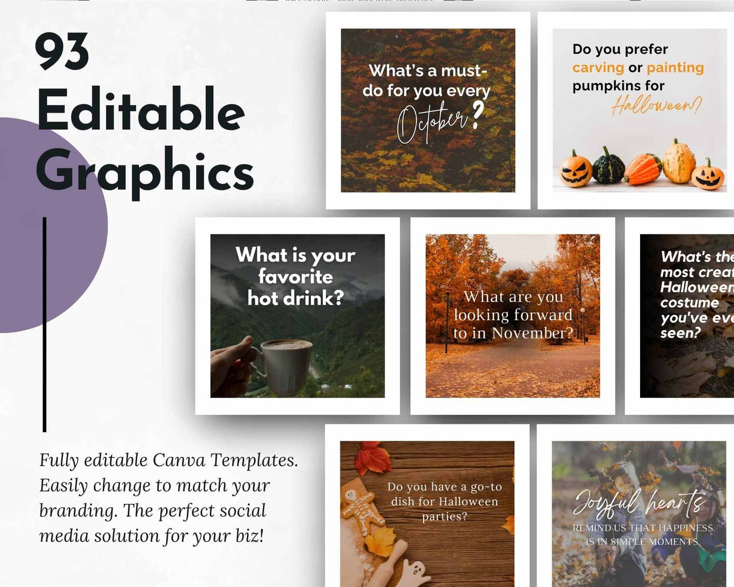 A collage of editable graphics for social media with autumn and Halloween themes, featuring questions and prompts like "What is your favorite hot drink?" and "What are you looking forward to in November?"—perfect for your Get Socially Inclined October Daily Posting Plan - Your Social Plan.