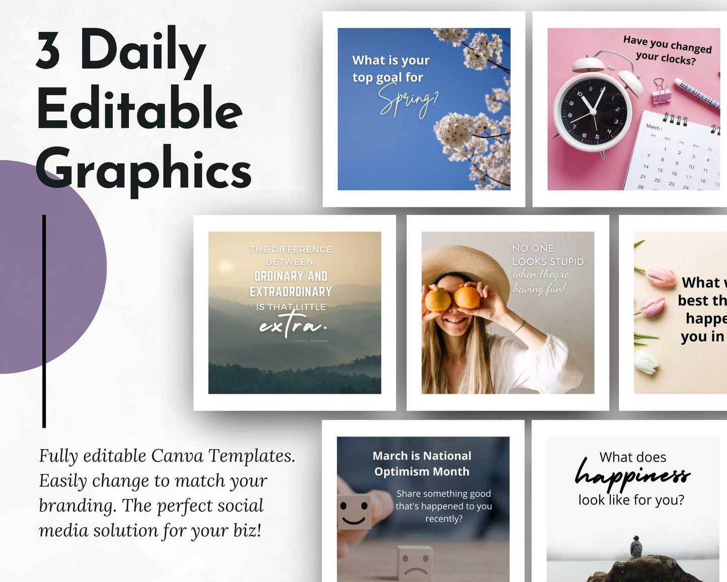 Boost engagement and promote social media content for March with a collage of six editable graphics from Get Socially Inclined's March Daily Posting Plan - Your Social Plan, featuring motivational quotes, flowers, a clock, a woman with a hat, and nature scenes.