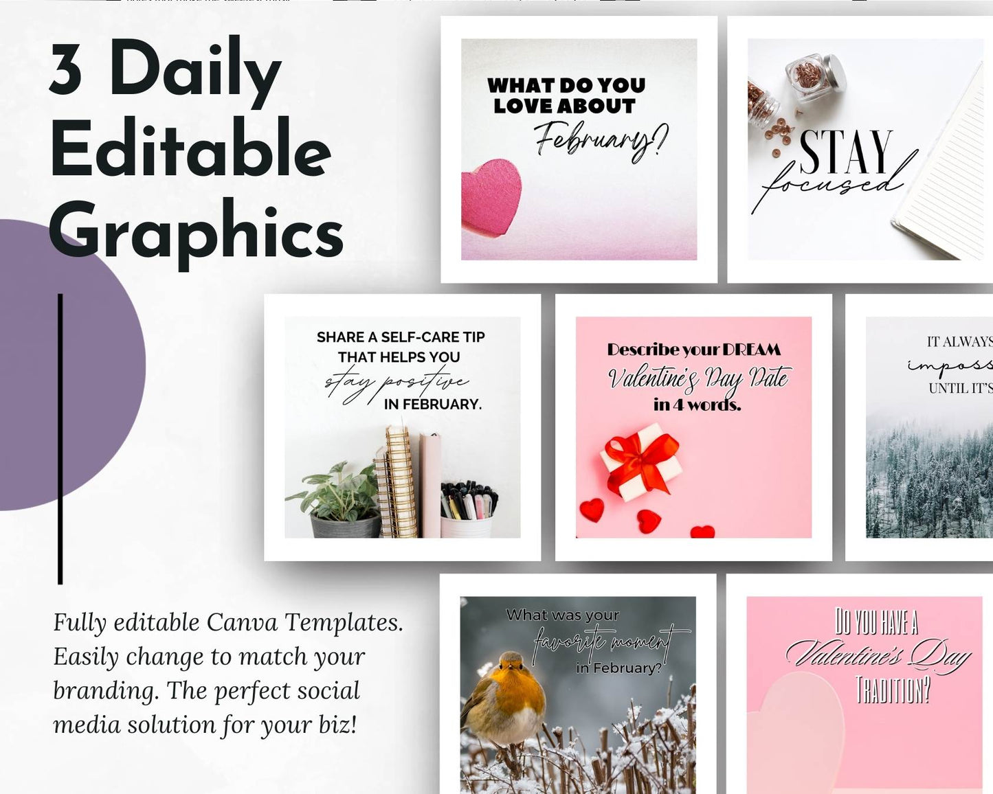 The February Daily Posting Plan by Get Socially Inclined offers seven pastel-themed Canva templates with editable prompts, self-care tips, and Valentine’s themes—ideal as a ready-to-use social media content calendar for February.