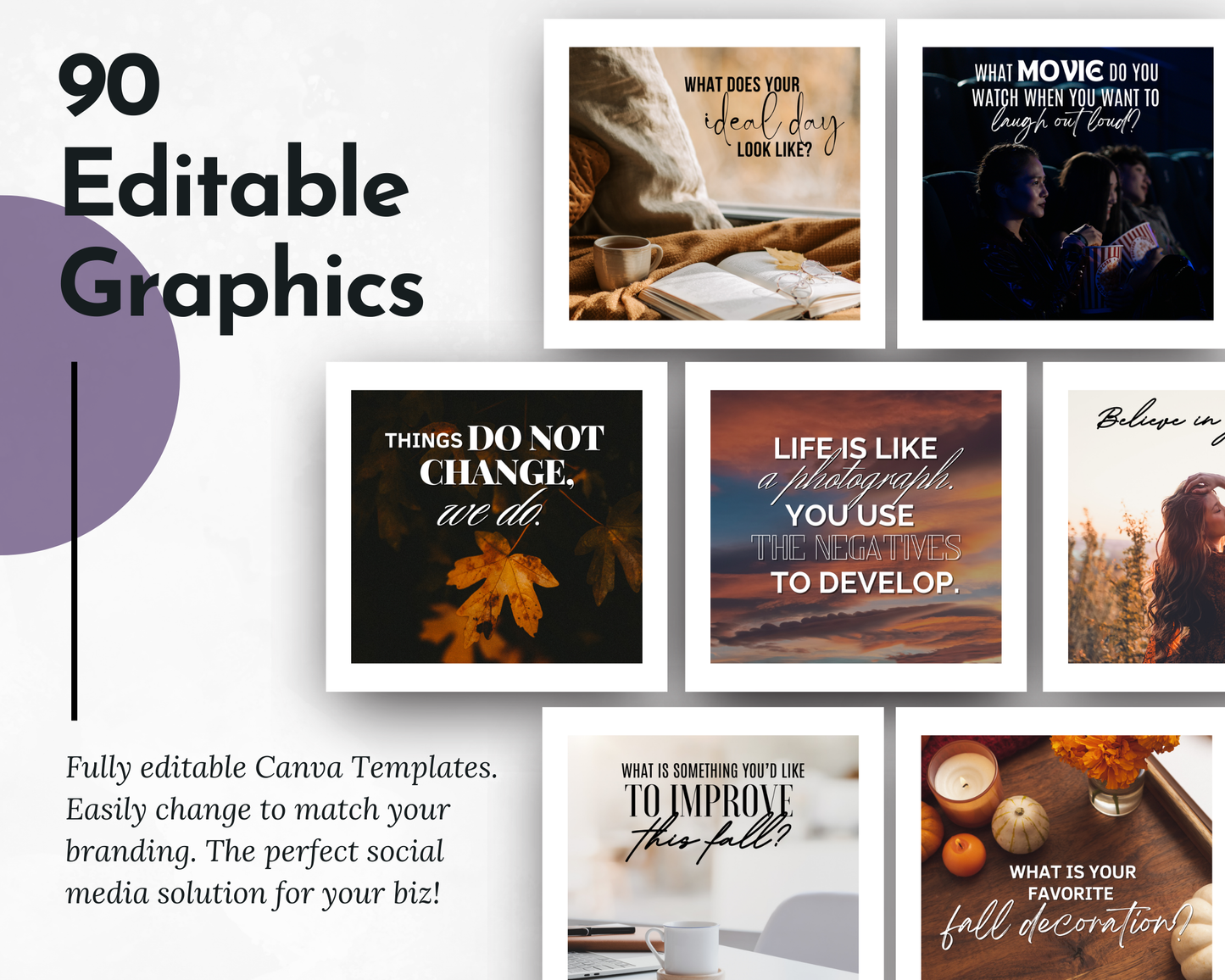 Introducing the September Daily Posting Plan - Your Social Plan by Get Socially Inclined: a collection of 90 editable Canva graphics for social media content, featuring motivational quotes and lifestyle images. Perfect for daily posts, with options for customization to match your branding.