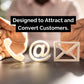 A person points to icons of a phone, at-sign, and envelope with the text "Designed to Attract and Convert Customers." The One-Day Website by Socially Inclined is an SEO-optimized solution that seamlessly incorporates social media integration, enhancing your small business website's reach.