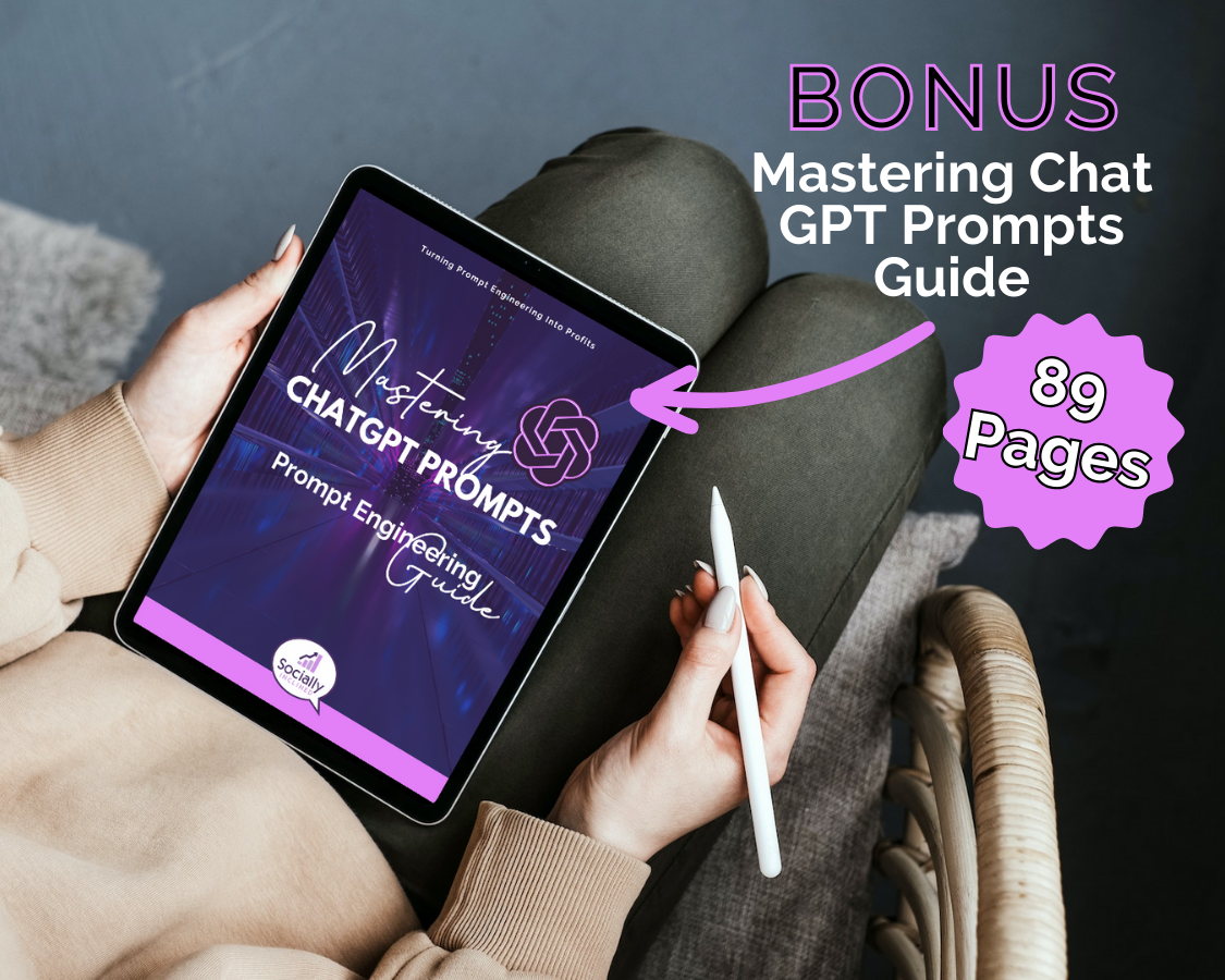 A woman holding an iPad with the text "Mastering Get Socially Inclined's 25,399 Chat GPT Prompts + Bonus Chat GPT Prompt How-To Guide.