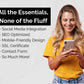 A smiling person uses a smartphone next to a list showcasing One-Page Wonder by Socially Inclined, featuring custom link-in-bio websites, social media integration, SEO-optimized features, mobile-friendly design, SSL certificates, contact forms, and more.