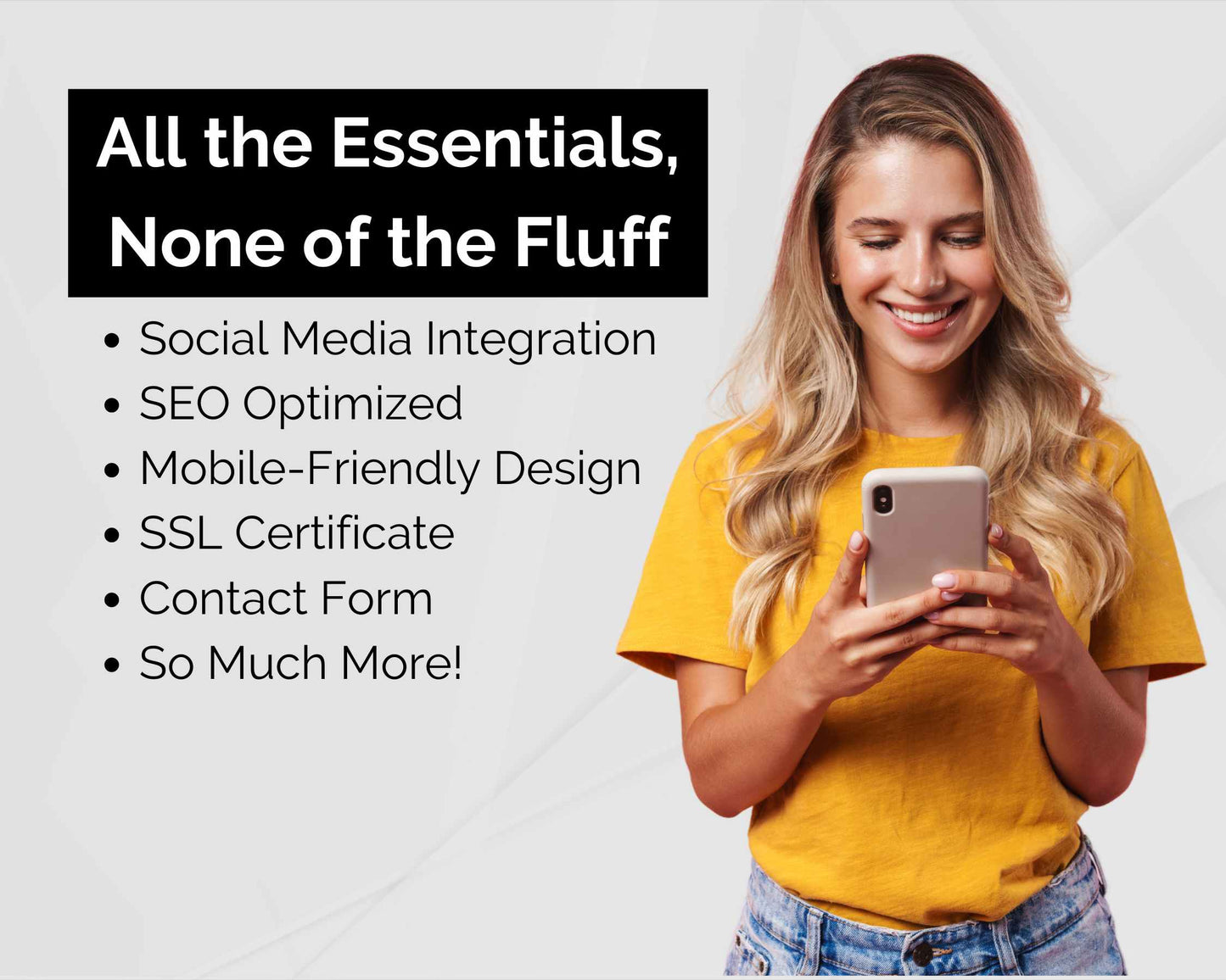 A smiling person uses a smartphone next to a list showcasing One-Page Wonder by Socially Inclined, featuring custom link-in-bio websites, social media integration, SEO-optimized features, mobile-friendly design, SSL certificates, contact forms, and more.