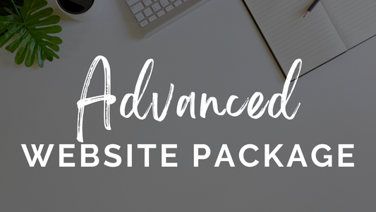 The image displays the text "Advanced Website Design Package" from Socially Inclined on a background featuring a keyboard, a notebook with a pen, a coffee cup, and some green leaves. This package includes SEO optimization to enhance your site's visibility.