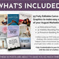 Promotional graphic detailing the contents of an AUGUST Daily Posting Plan - Your Social Plan marketing package from Get Socially Inclined: 93 editable Canva graphics including 31 motivational daily social media posts, 31 visibility boosting posts, and 31 presence-building prompts.
