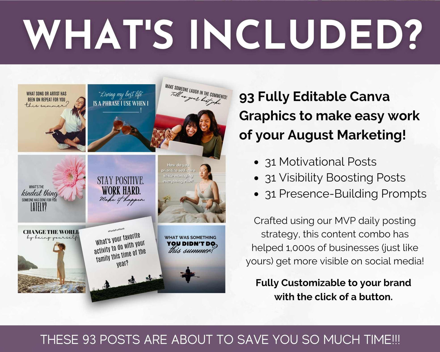 Promotional graphic detailing the contents of an AUGUST Daily Posting Plan - Your Social Plan marketing package from Get Socially Inclined: 93 editable Canva graphics including 31 motivational daily social media posts, 31 visibility boosting posts, and 31 presence-building prompts.