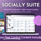 A promotional graphic for a Socially Inclined's Socially Suite Membership Annual showcasing a content dashboard feature on a laptop screen with a claim of "up to 5 posts a day!" and additional marketing.