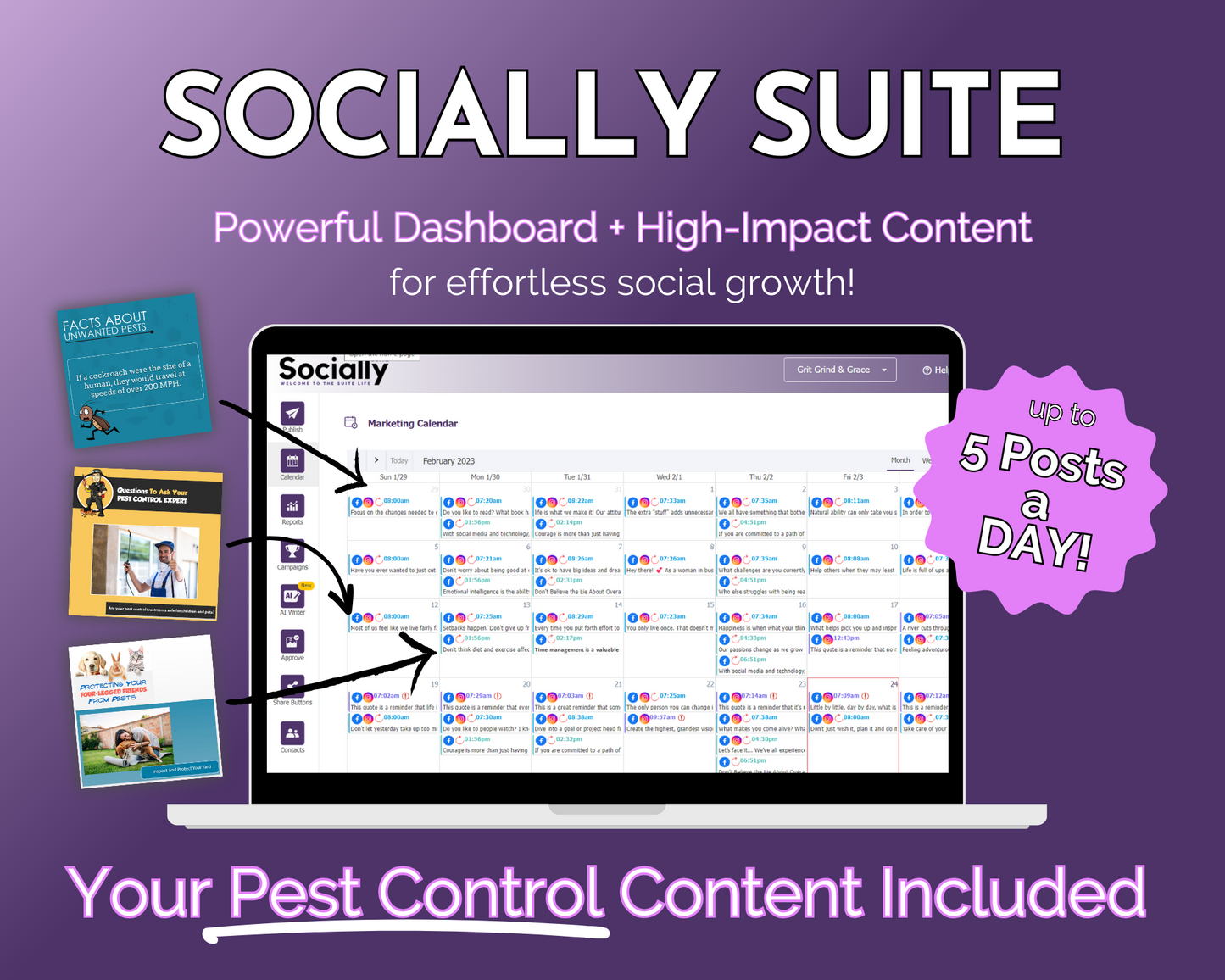 A promotional graphic for a Socially Inclined's Socially Suite Membership Annual showcasing a content dashboard feature on a laptop screen with a claim of "up to 5 posts a day!" and additional marketing.