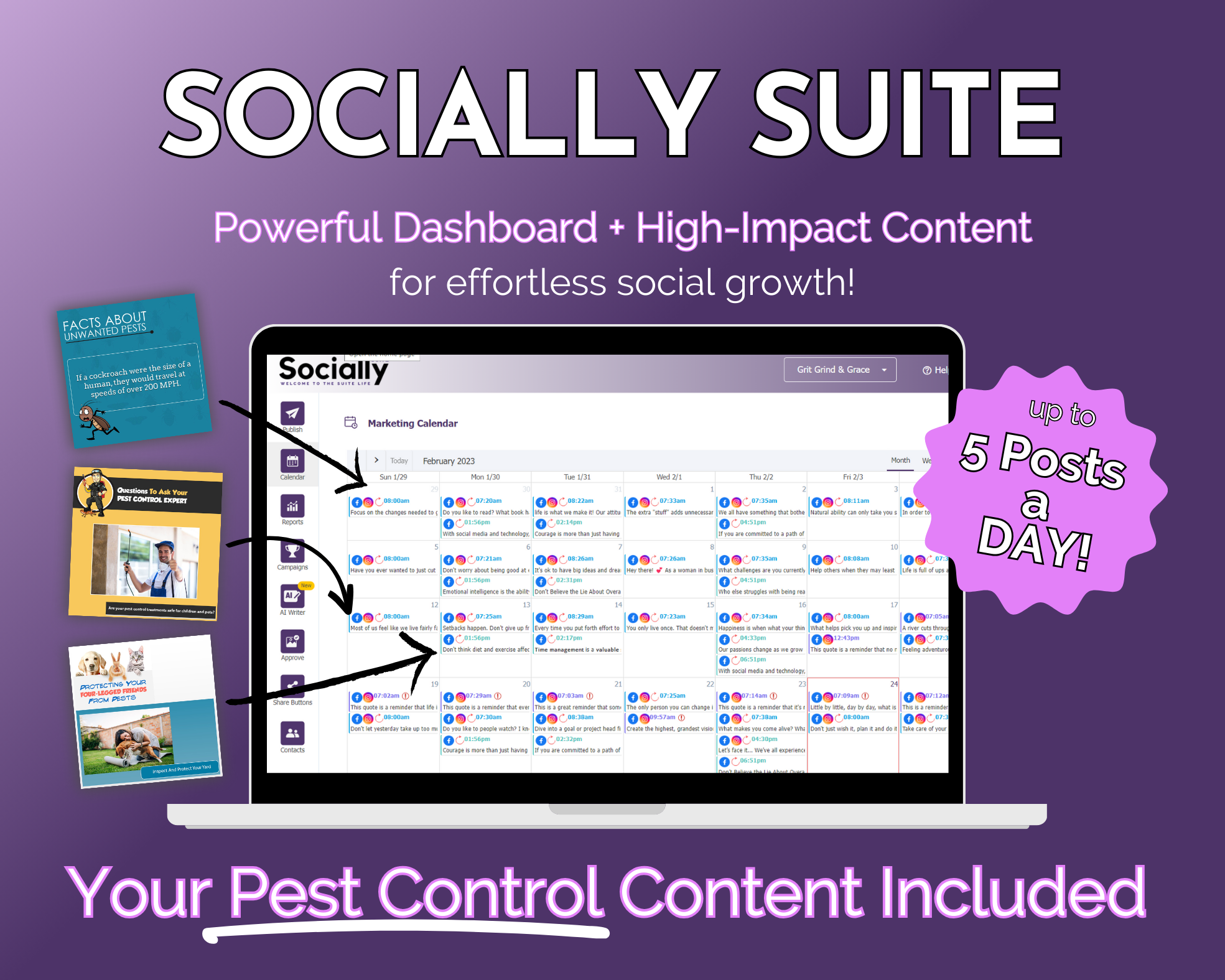 A promotional graphic for the Get Socially Inclined Socially Suite Membership, highlighting its features including a marketing calendar, pre-made content for pest control, and the capability to post up to five times a.