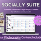 A promotional graphic for "Get Socially Inclined's Socially Suite Membership Annual," a social media marketing tool featuring a content dashboard and marketing calendar, with a tagline noting the inclusion of photography content and the capability to post up to.