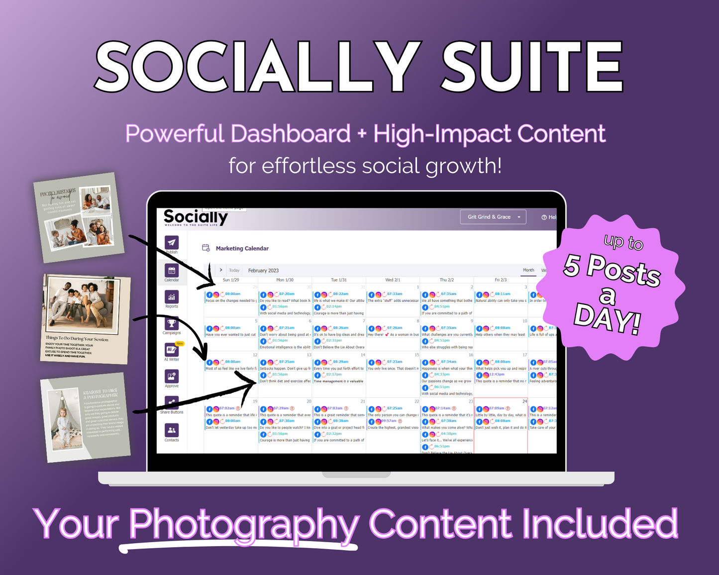 A promotional graphic for "Get Socially Inclined's Socially Suite Membership Annual," a social media marketing tool featuring a content dashboard and marketing calendar, with a tagline noting the inclusion of photography content and the capability to post up to.