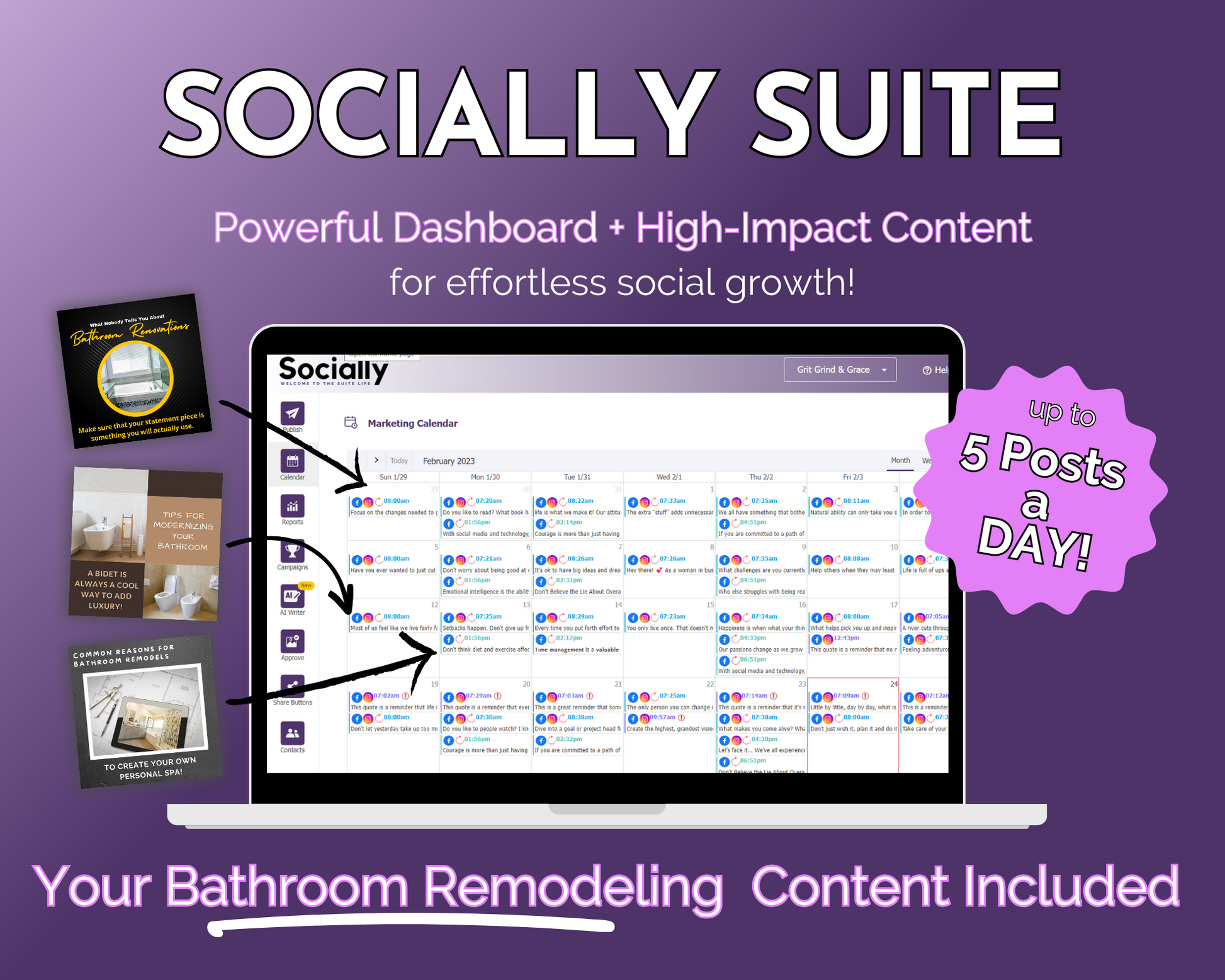 An advertisement graphic for Get Socially Inclined's Socially Suite Membership Annual, highlighting features such as a powerful dashboard, high-impact content, and the capacity to post up to 5 times a day.