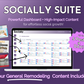 A promotional graphic for the Get Socially Inclined's Socially Suite Membership Annual, featuring a content dashboard and claiming to offer up to 5 posts a day for social growth in the general remodeling niche.