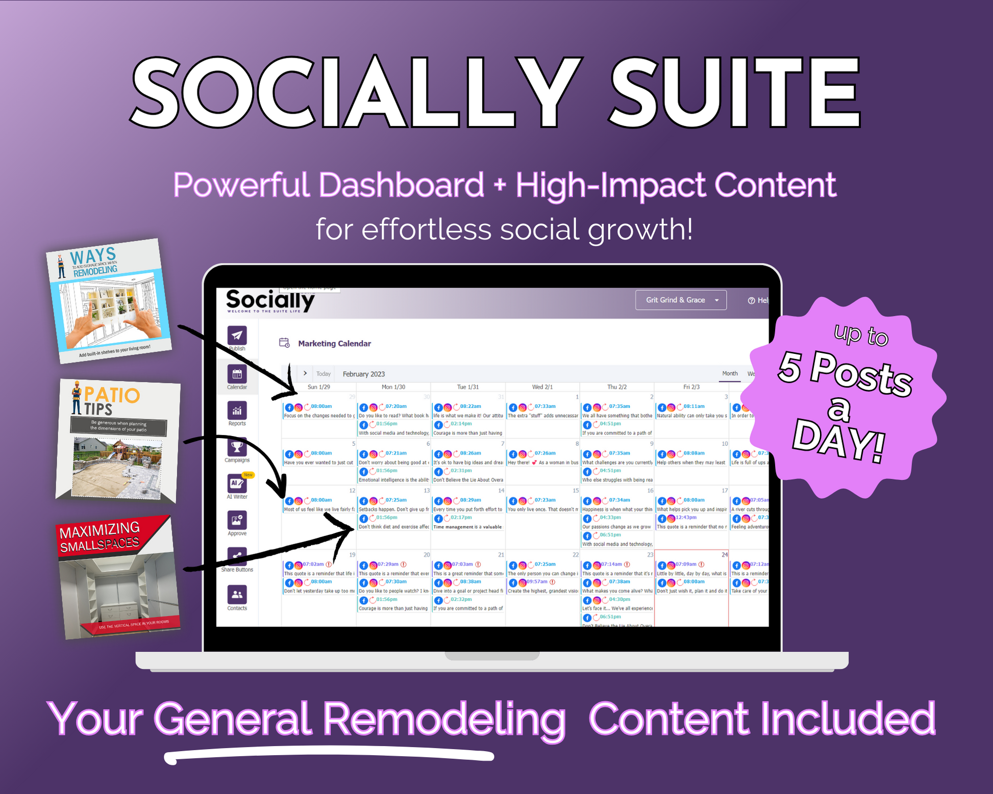 A promotional graphic for the Get Socially Inclined's Socially Suite Membership Annual, featuring a content dashboard and claiming to offer up to 5 posts a day for social growth in the general remodeling niche.