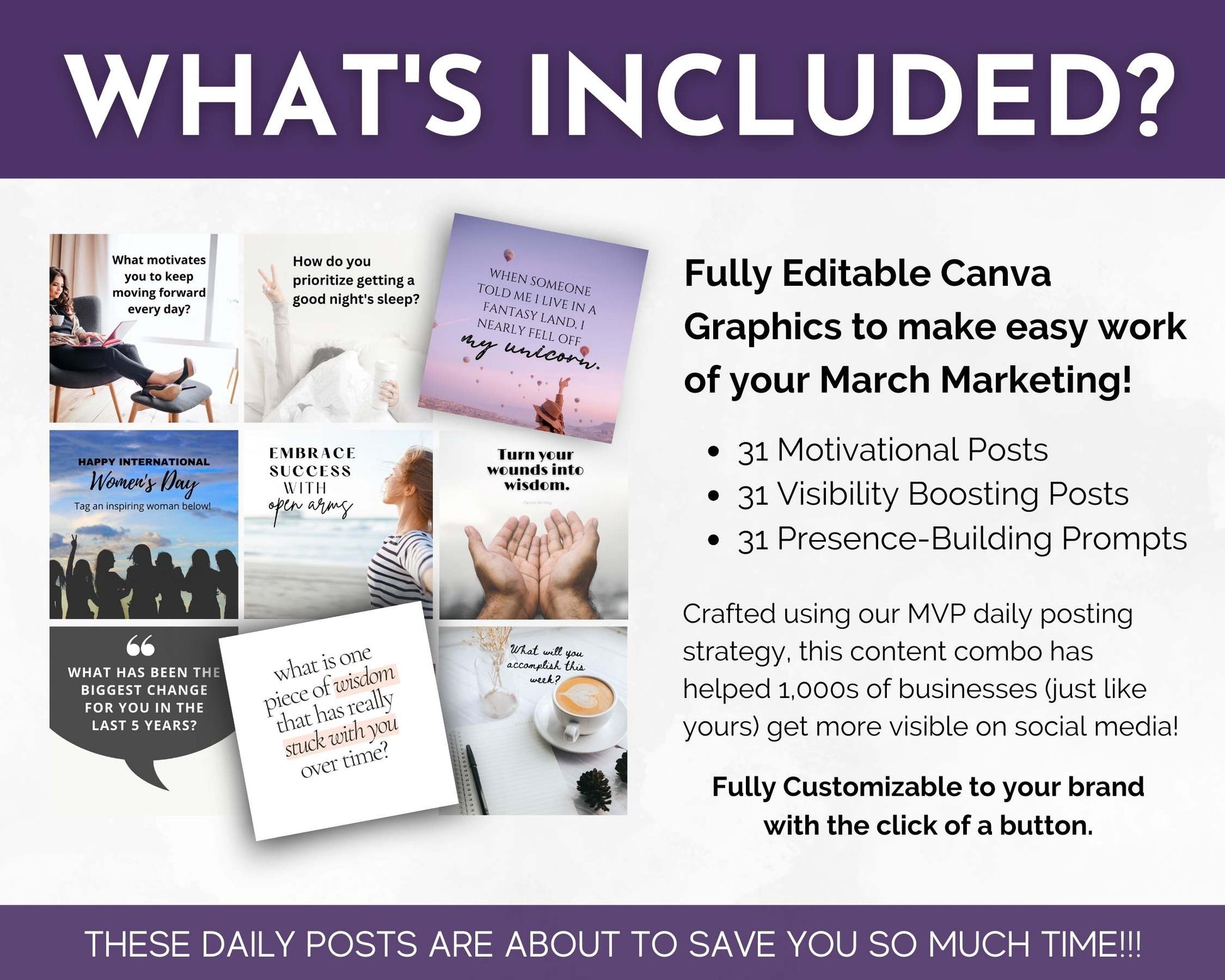 A graphic for the "March Daily Posting Plan - Your Social Plan" by Get Socially Inclined includes fully editable Canva graphics with 31 motivational posts, 31 visibility-boosting posts, and 31 prompts for effortless engagement.