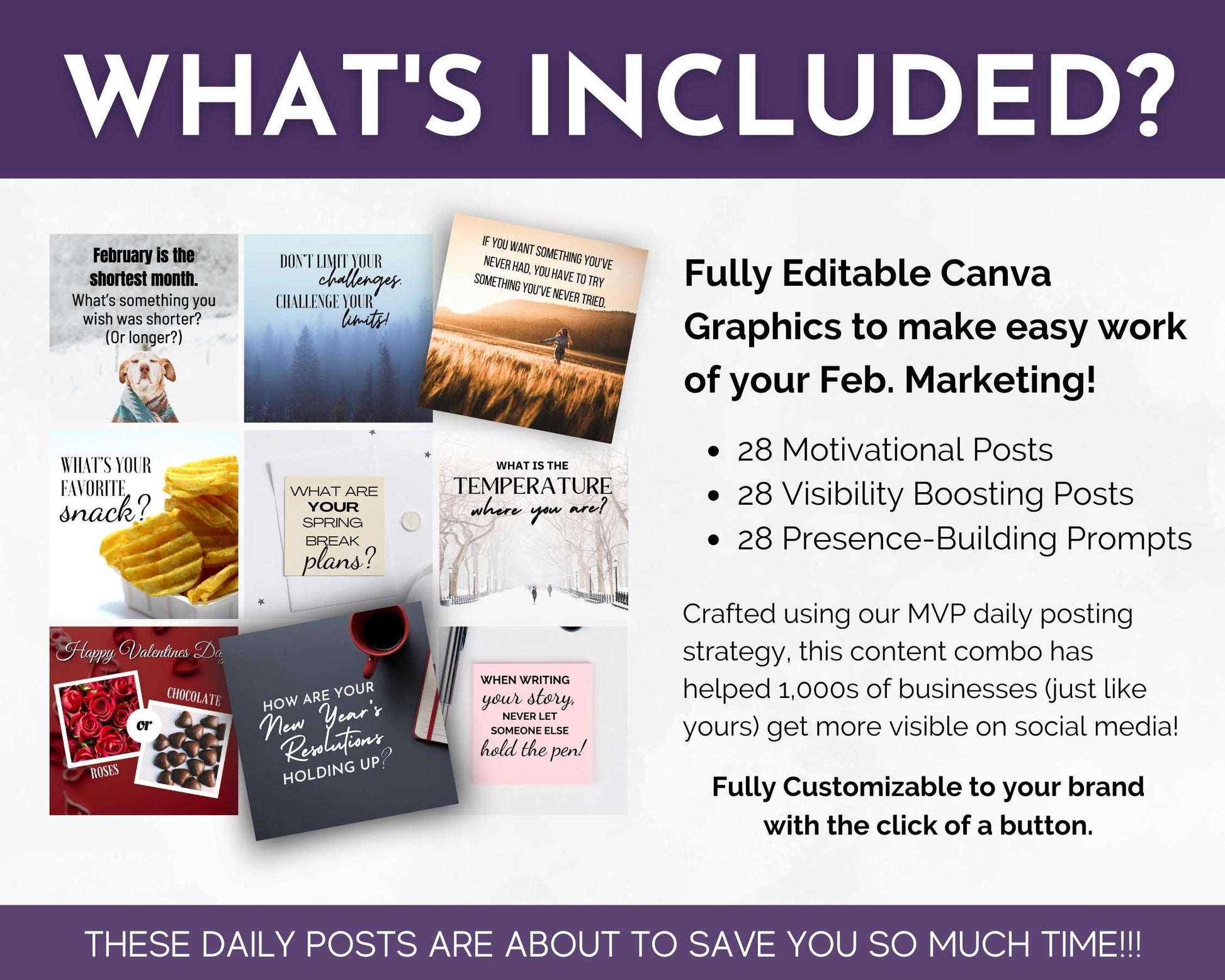 Collage of digital marketing graphics highlighting 28 motivational, visibility-boosting, and presence-building posts using customizable Canva templates. Perfect for February social media content to drive engagement effortlessly with the February Daily Posting Plan by Get Socially Inclined.