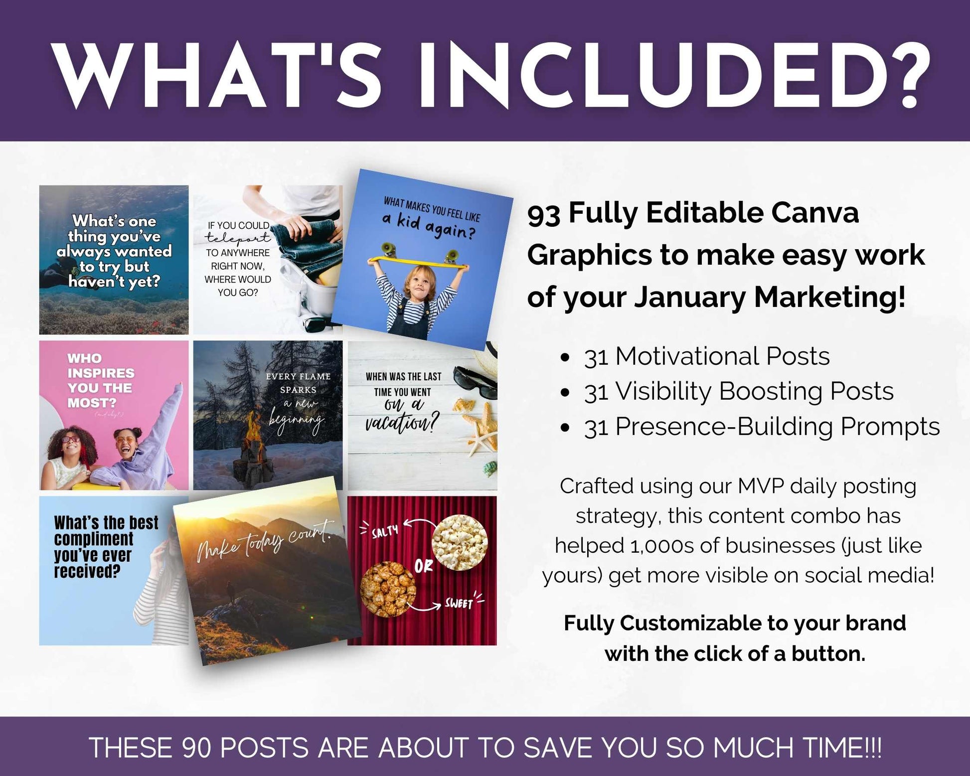 The January Daily Posting Plan - Your Social Plan by Get Socially Inclined includes 93 customizable Canva graphics for content creation, comprising 31 motivational posts, 31 engagement-enhancing visibility posts, and 31 presence-building prompts for social media in January.