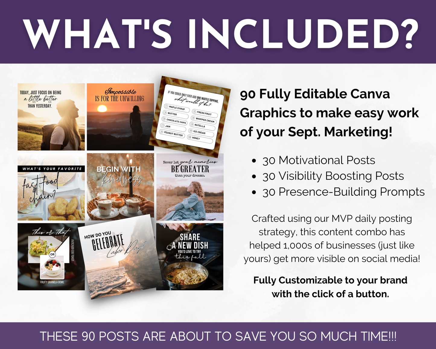 A promotional image highlights the September Daily Posting Plan - Your Social Plan by Get Socially Inclined, featuring an offer of 90 fully editable Canva graphics designed for September marketing. This extensive plan includes 30 motivational posts, 30 visibility-boosting posts, and 30 presence-building prompts to meet your daily social media content needs.