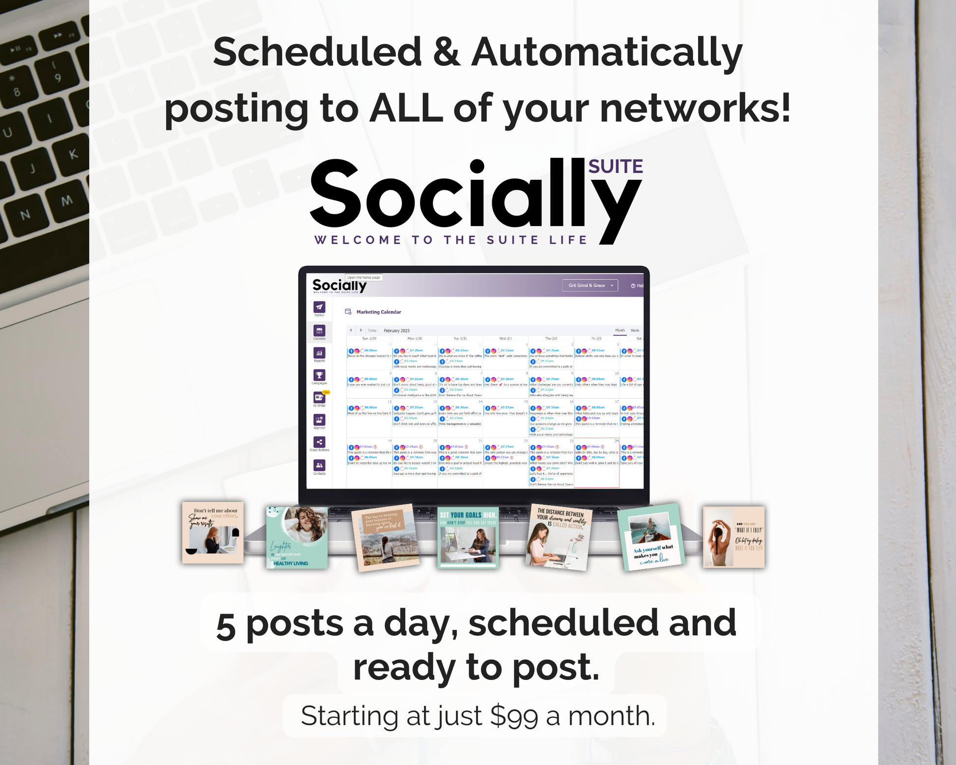 A Get Socially Inclined Socially Suite Membership, a socially scheduled laptop that automatically posts to all of your networks, enhancing social media marketing and maintaining an impactful online presence.
