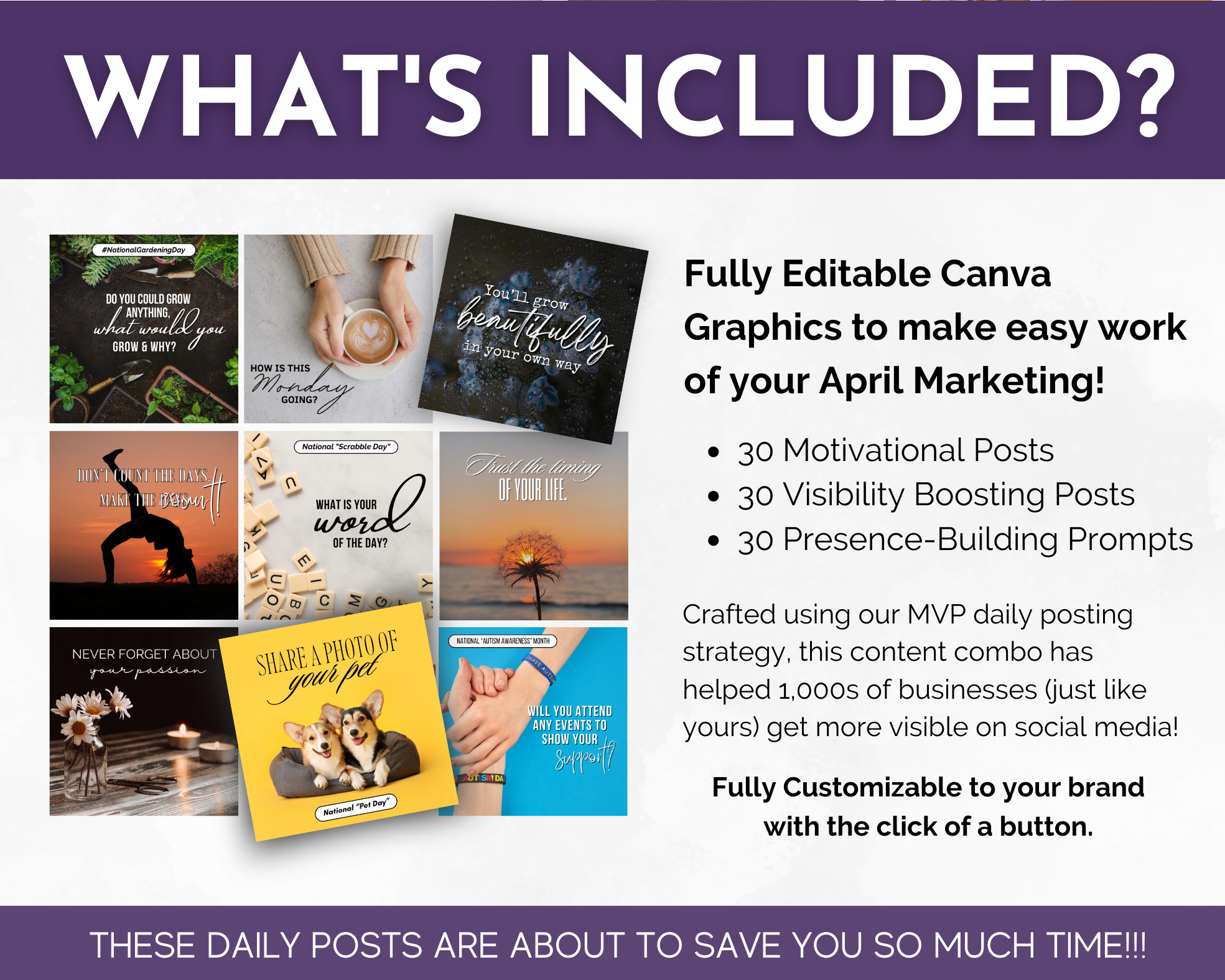Promotional graphic showcasing the April Daily Posting Plan - Your Social Plan bundle by Get Socially Inclined, highlighting editable Canva graphics and daily post ideas to enhance your social media presence and reduce content creation stress.