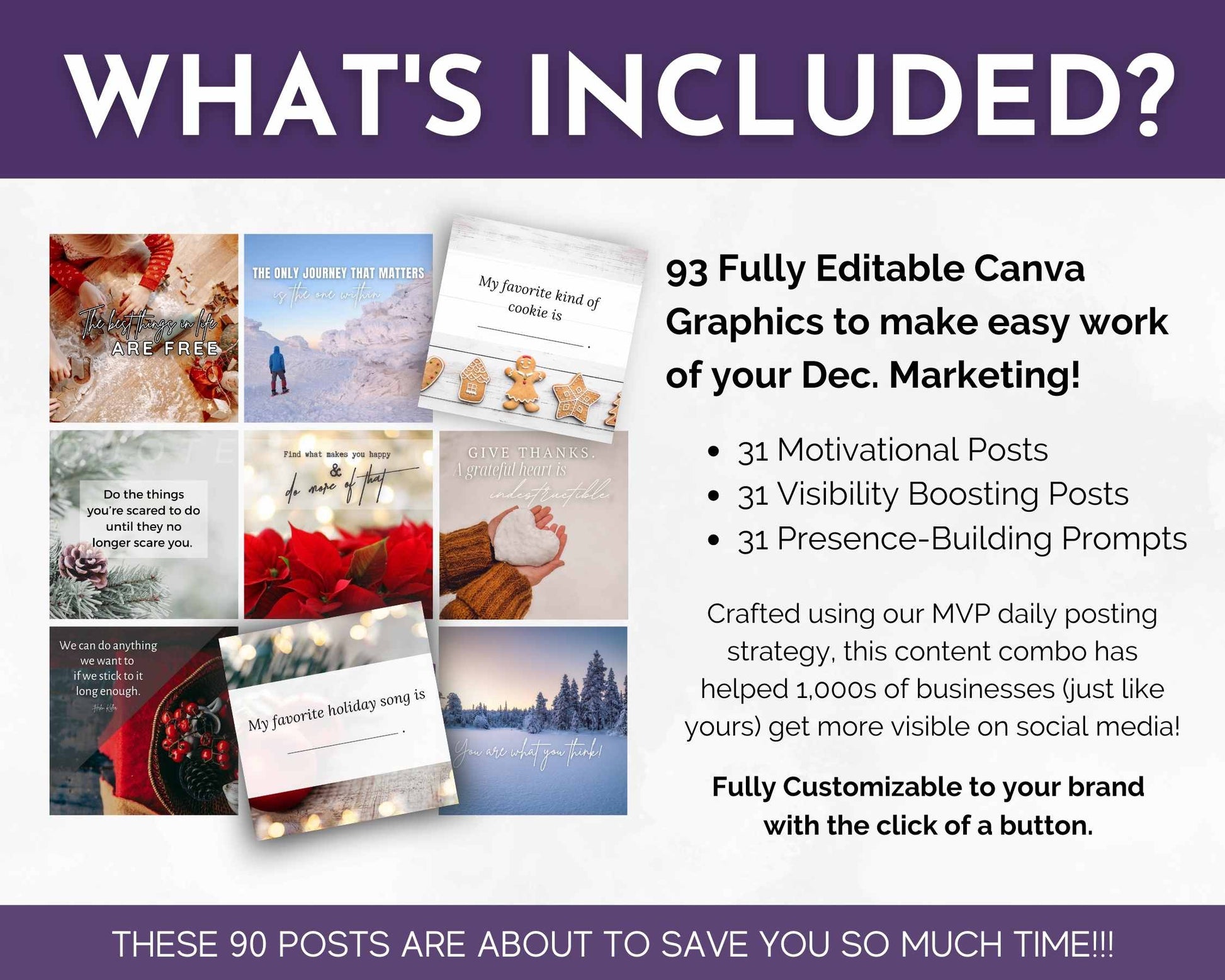 Promotional image showcasing the December Daily Posting Plan from Get Socially Inclined: 93 editable Canva graphics perfect for social media posts, featuring motivational content, engagement-boosting posts, and prompts. Enjoy seamless growth with an option for customized branding.