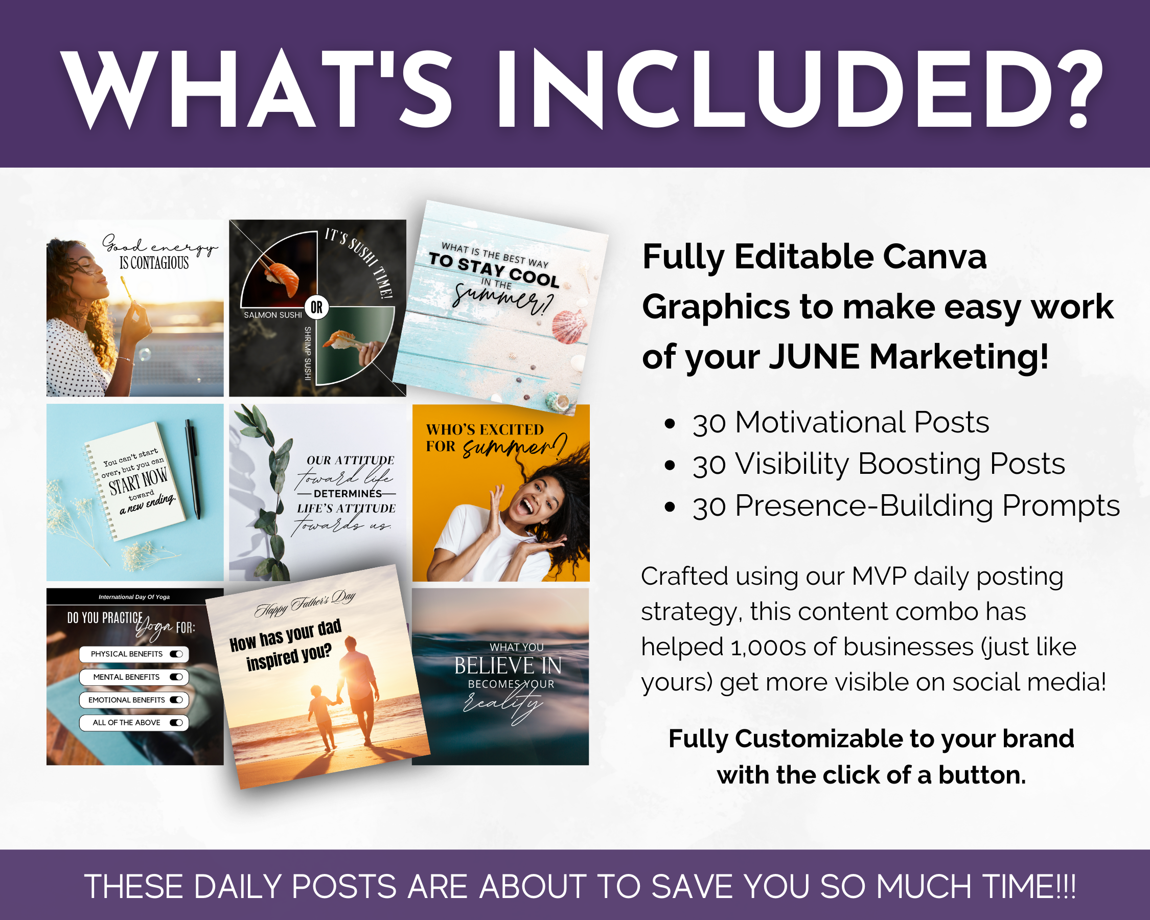 Promotional graphic for a June marketing kit featuring editable Canva templates with text details, examples of social media posts, and an audience engagement strategy for the Get Socially Inclined June Daily Posting Plan - Your Social Plan.
