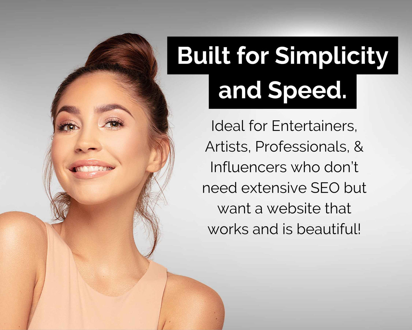 A smiling person showcases Socially Inclined's One-Page Wonder, a high-quality, one-page website designed for entertainers, artists, professionals, and influencers. The site emphasizes simplicity and speed with seamless social media integration to enhance your reach.