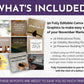 Informational graphic titled "WHAT'S INCLUDED?" showcasing 90 editable Canva graphics for November social media posts from the November Daily Posting Plan by Get Socially Inclined: 30 motivational posts, 30 visibility-boosting entries, and 30 presence-building prompts. Perfect for engagement and growth.
