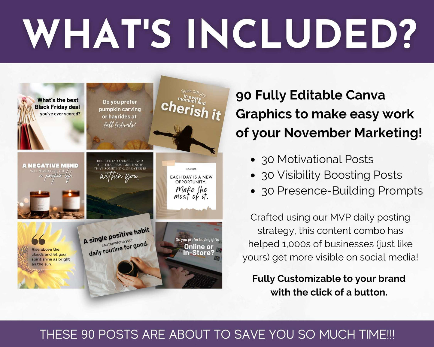 Informational graphic titled "WHAT'S INCLUDED?" showcasing 90 editable Canva graphics for November social media posts from the November Daily Posting Plan by Get Socially Inclined: 30 motivational posts, 30 visibility-boosting entries, and 30 presence-building prompts. Perfect for engagement and growth.
