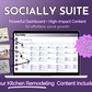 An advertisement for Get Socially Inclined's Socially Suite Membership Annual, promoting a social media marketing tool that allows for scheduling up to 5 posts a day, with a focus on content for kitchen remodeling.