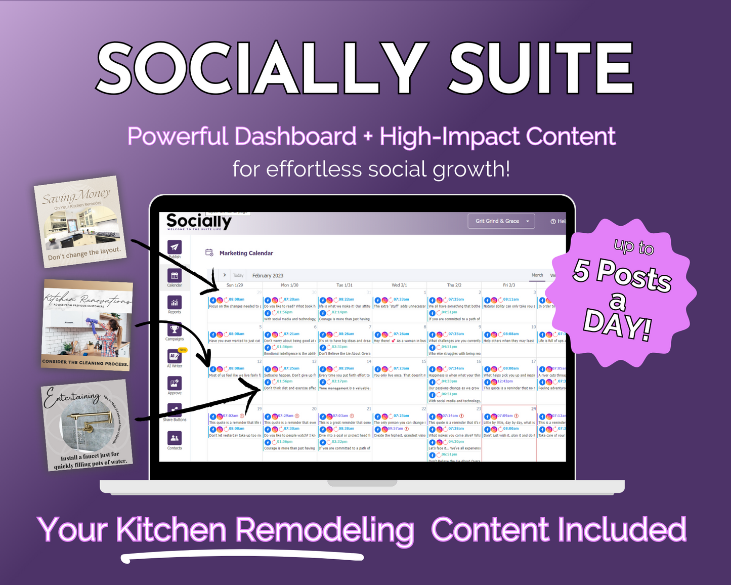 An advertisement for Get Socially Inclined's Socially Suite Membership Annual, promoting a social media marketing tool that allows for scheduling up to 5 posts a day, with a focus on content for kitchen remodeling.