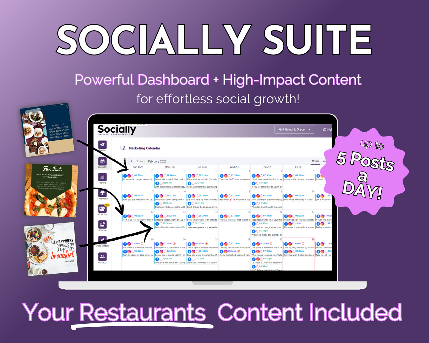 A promotional graphic for "Get Socially Inclined's Socially Suite Membership Annual," highlighting features such as a powerful content dashboard, high-impact content for social media growth, and the capability to schedule up to 5 posts a day.