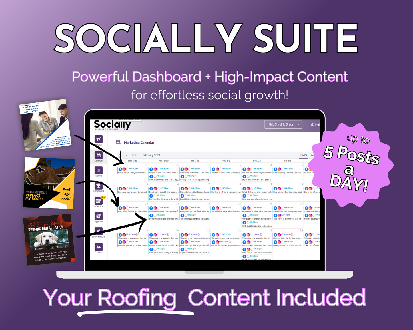 A promotional graphic showcasing the "Socially Suite Membership Annual" platform by Get Socially Inclined, highlighting features such as a powerful content dashboard, high-impact content, a marketing calendar, and the capability to post up to 5 posts.