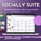 A promotional graphic showcasing the "Socially Suite Membership Annual" service by Get Socially Inclined, which includes a content scheduling dashboard for social media growth, featuring a capability of up to 5 posts a day and tailored content for senior living.