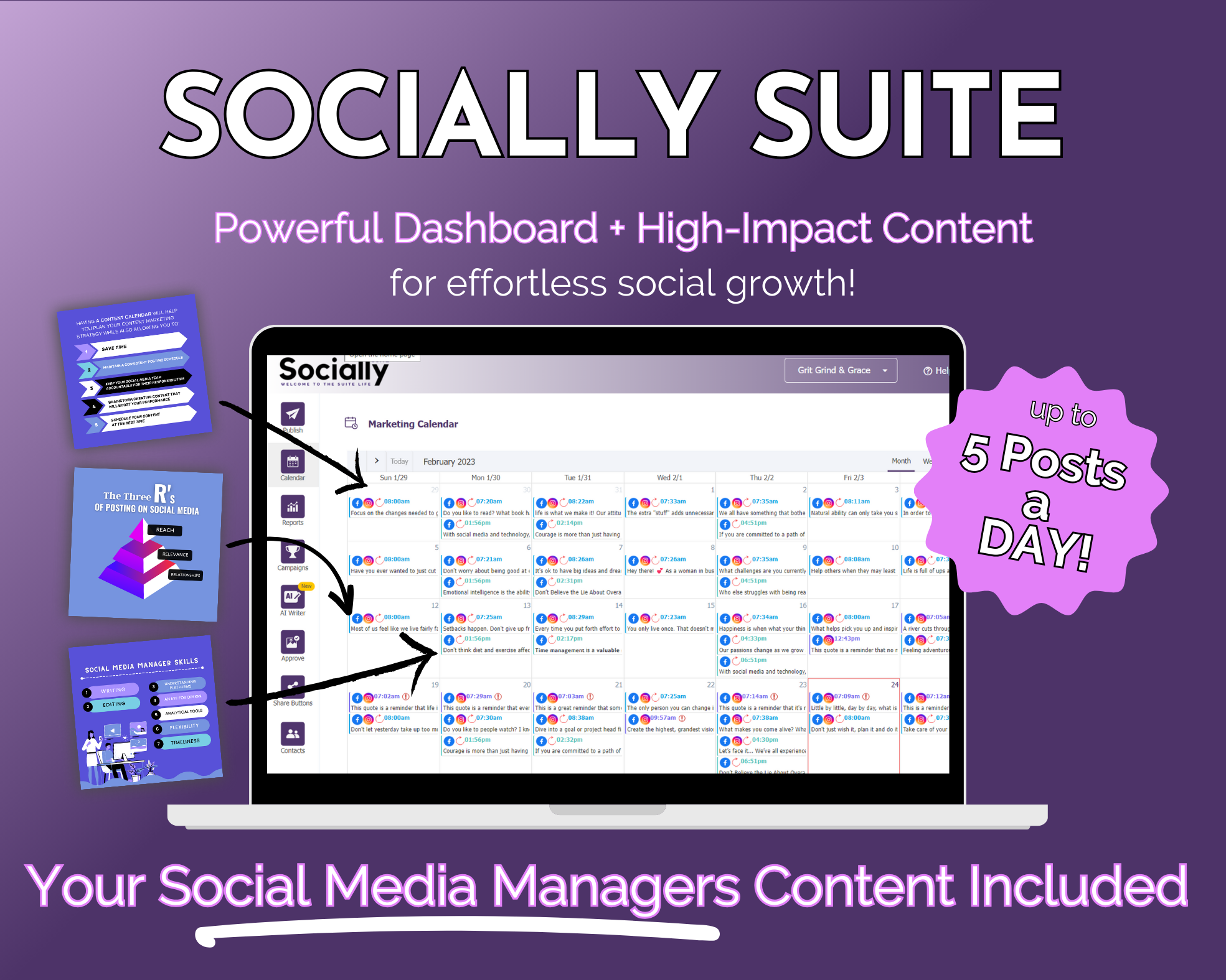A promotional graphic for the "Get Socially Inclined Socially Suite Membership," highlighting features such as a powerful content dashboard and high-impact content for social media marketing growth, capable of managing up to 5 posts a day.