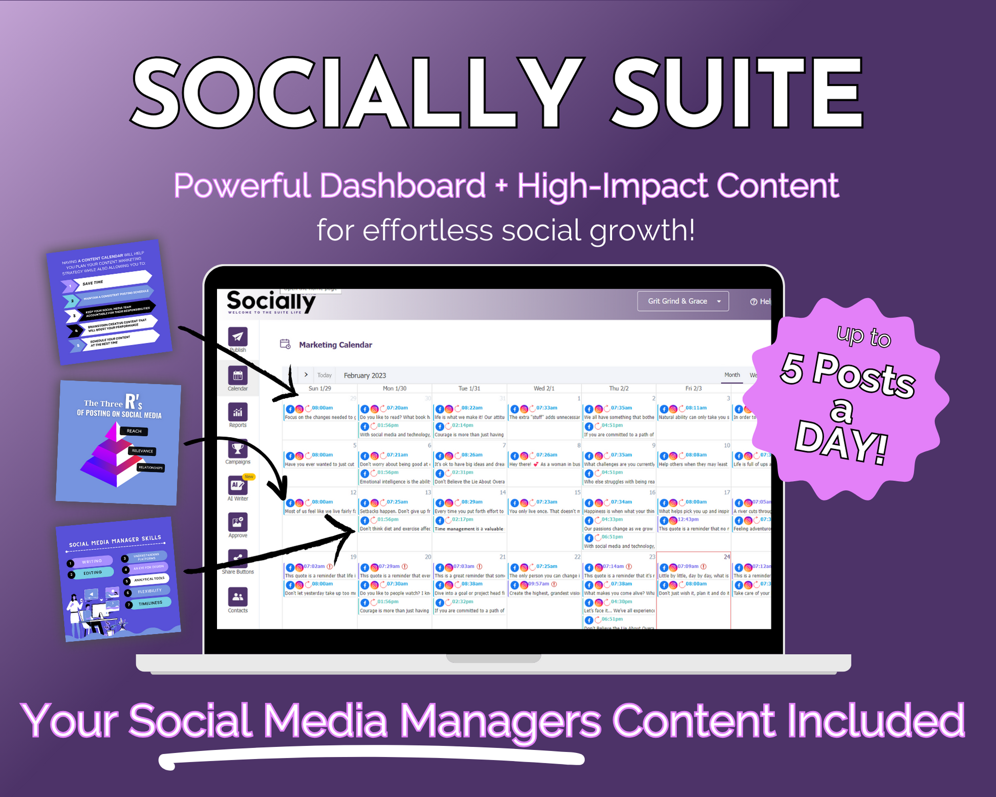 An advertisement for the "Socially Suite Membership Annual" from Get Socially Inclined, a social media marketing tool featuring a content dashboard and content creation capabilities, highlighting the ability to post up to 5 times a day.