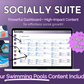 A promotional graphic for "Get Socially Inclined's Socially Suite Membership Annual," an online presence and social media marketing tool showcasing a content dashboard tailored for swimming pool-related content, advertising up to 5 posts a day.