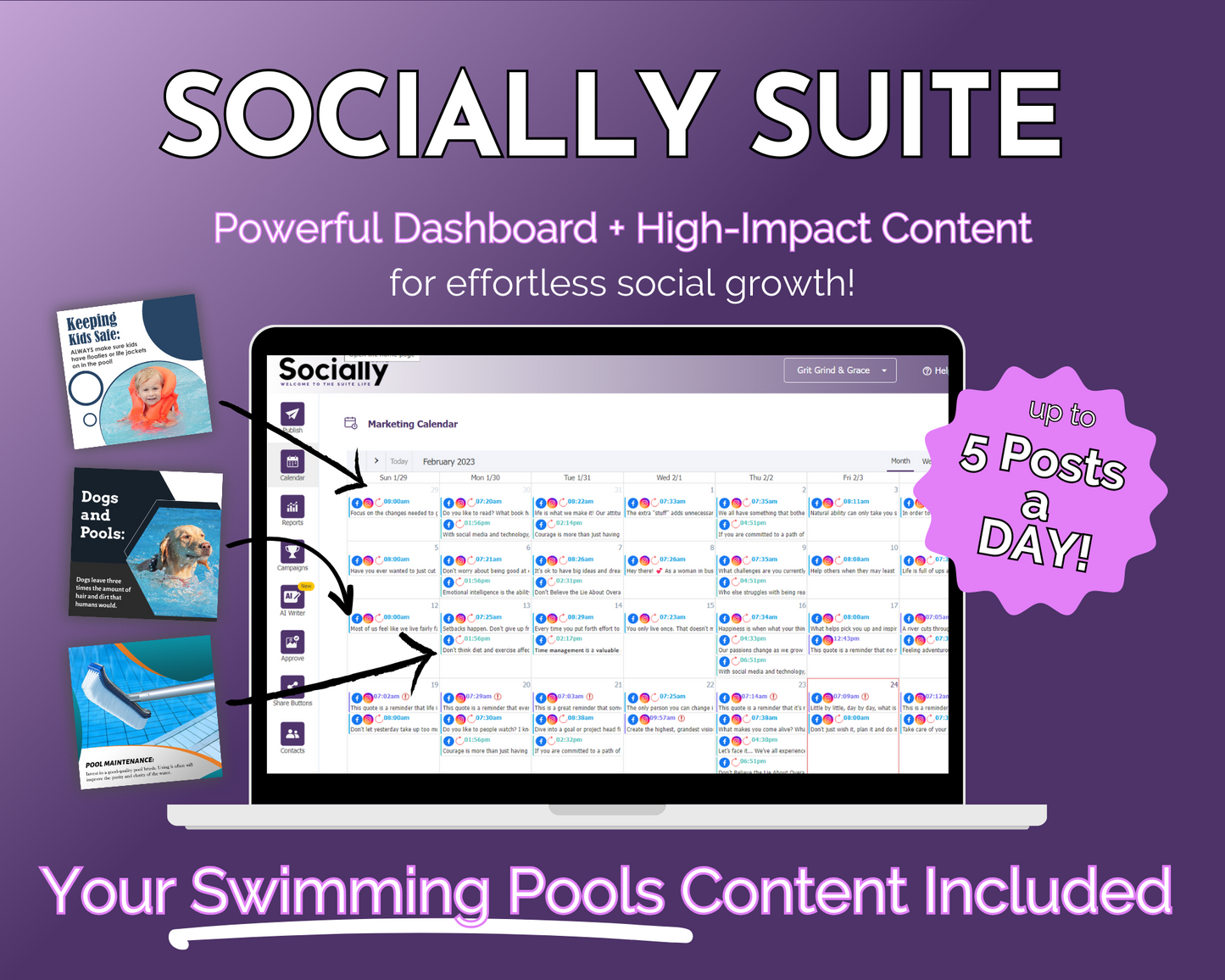 A promotional graphic for "Get Socially Inclined's Socially Suite Membership Annual," an online presence and social media marketing tool showcasing a content dashboard tailored for swimming pool-related content, advertising up to 5 posts a day.