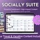 A promotional graphic for "Get Socially Inclined's Socially Suite Membership Annual," showcasing a social media marketing management dashboard that schedules up to 5 posts a day, with a mention of included travel and vacation content.