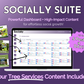 A promotional graphic for "Get Socially Inclined," advertising a Socially Suite Membership Annual content dashboard for managing your online presence with a feature that allows scheduling up to five posts a day, includes a tree services content package.