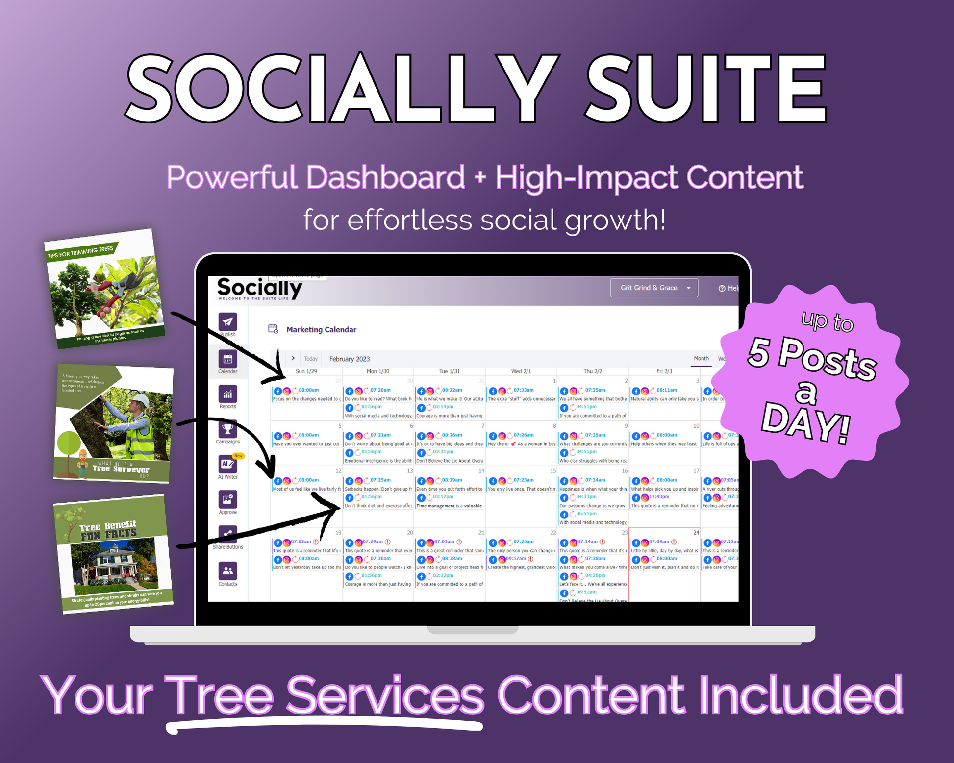 A promotional graphic for "Get Socially Inclined," advertising a Socially Suite Membership Annual content dashboard for managing your online presence with a feature that allows scheduling up to five posts a day, includes a tree services content package.