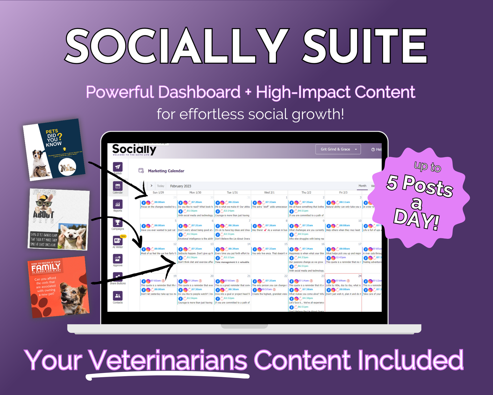 A promotional graphic for "Get Socially Inclined's Socially Suite Membership Annual," highlighting its features as a powerful content dashboard with high-impact content for social media marketing growth, indicating that it includes content for veterinarians and allows for up.