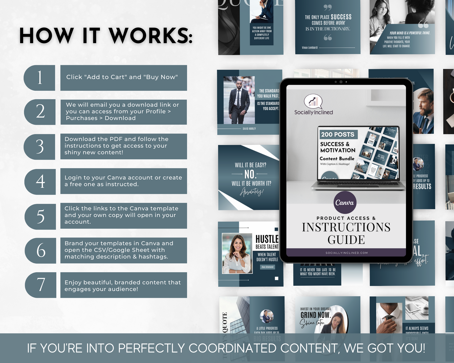 Instruction guide for the Success & Motivation Social Media Post Bundle with Canva Templates by Socially Inclined.